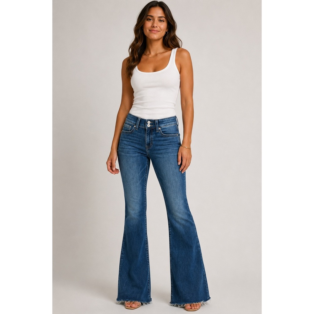 Lucky Brand Flare Jeans Womens 4/27 Blue Low Rise Flap Pocket Frayed Denim Boho